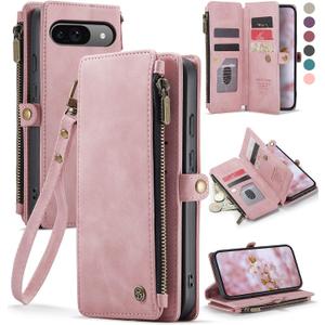 Defencase Compatible with Pixel 9/Pro Case, RFID Blocking Wallet Case Fit for Google Pixel 9 & 9 Pro Soft PU Leather Magnetic Snap Flip Zipper Strap Card Holder Phone Case for Women Men, Pink