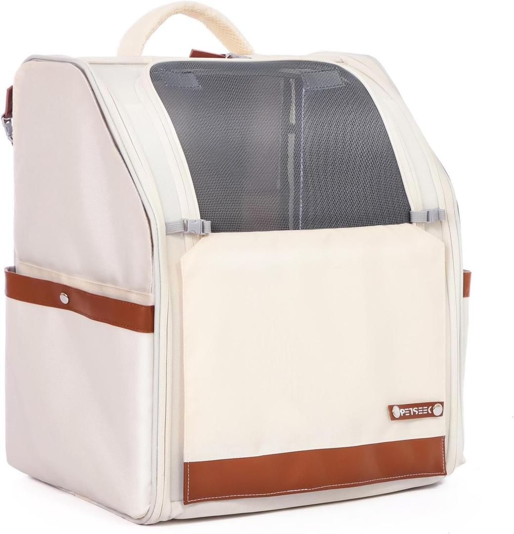 Large Cat Carrier Backpack, Shaded Small Dog Backpack with Breathable Mesh, Soft Side Safety Pet Backpack for Hiking, Travel, Outdoor, White