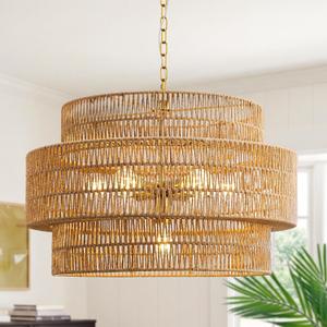Boho 24” Rattan Chandelier Light Fixture, 7-Light Hand Woven Rattan Pendant with 3-Tier Wicker Shade, Adjustable Farmhouse Ceiling Hanging Light for Dining Room, Kitchen, Living Room, Bedroom, 23.6 inch