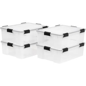 IRIS USA WeatherPro 41 Qt Storage Bins with Lids, 4 Pack, BPA-Free Plastic Gasket Box with Tight Latch and Seal, Stackable Nestable Tote Tub - Clear/Black
