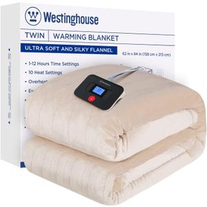 Westinghouse Electric Blanket Twin Size, Super Cozy Soft Flannel 62"" x 84"" Heated Blanket with 10 Fast Heating Levels & 1-12 Auto-Off, Machine Washable, ETL&FCC Certification, Beige