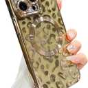 for iPhone 13 Pro Max Case Magnetic,Soft Cute Luxury Leopard Cheetah Pattern Plating Glitter Bling Phone Case Compatible with MagSafe Clear Shockproof Back Cover for Women Girl 6.7"-Gold