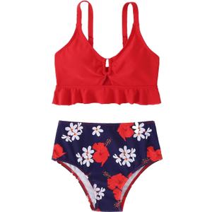 ESHOWEE Girls Swimsuits 2 Piece Bathing Suit Set Toddler Ruffle Tank Top Front Cutout Beach Summer Bikini Swimwear 2-3Y (Red)