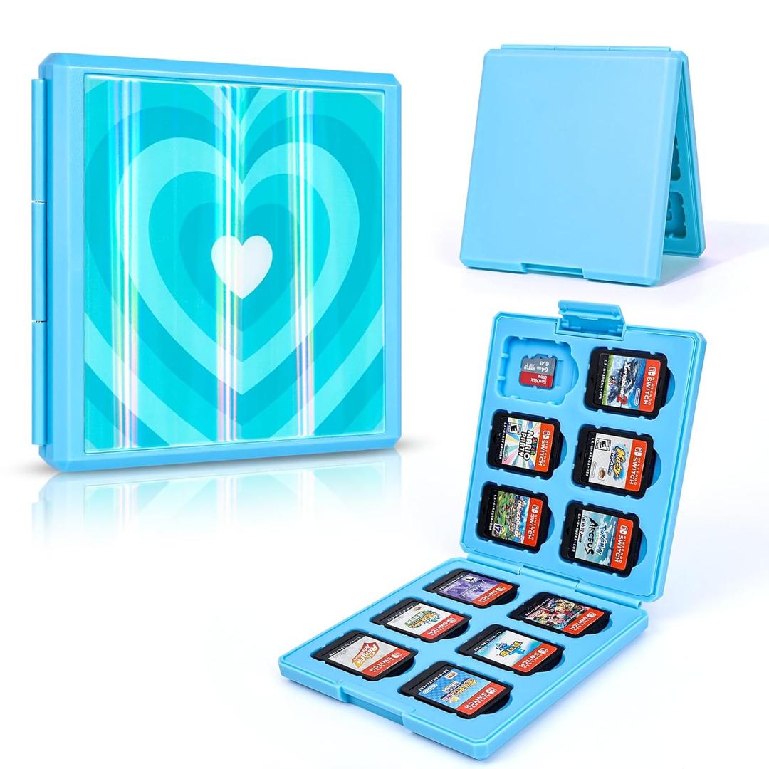 DLseego Switch Game Card Case for Lite/OLED, Shiny Reflective Gradient with 12 Game & 12 Micro SD Card Slots - Blue