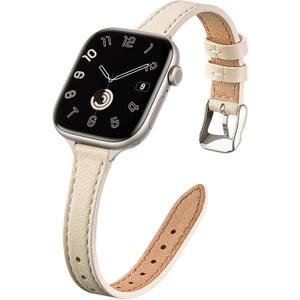 STIROLL Slim Leather Bands Compatible with Apple Watch Band 38mm 40mm 41mm 42mm(Series 11 10), Top Grain Leather Watch Thin Wristband for iWatch SE 9 8 7 6 5 4 3 2 1 (Beige Silver)