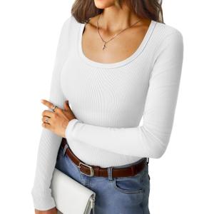 Women's Long Sleeve Tops Casual Scoop Neck Ribbed Knit Slim Fitted Basic Tee Shirts 2025 Fall Trendy Outfits (Large, White)