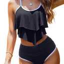 Womens Tankini Swimsuits Ruffled Tank Top Tummy Control Floral Modest Swimwear High Waisted Bikini (Large, Black White)
