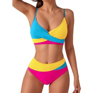 YELAIVP High Waisted Bikini Sets for Women V Neck Bathing Suit for Women Tummy Control Two Piece Swimsuits Swimwear (Large, 182 Blue Yellow Rose Red)