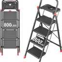 4 Step Foldable Step Ladder with Mutifunctional Tool Tray, Platform Ladders Stepstools, Step Stool 4 Step Folding with Non-Slip Pedals, 800lbs Bearing Capacity for Adults, Home, Kitchen, Black Red