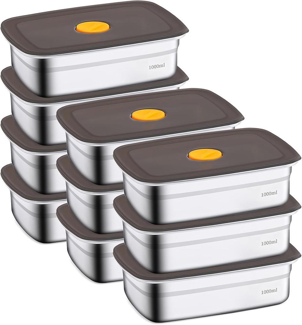 10 Pack Stainless Steel Food Storage Containers with Airtight Leak-Proof Lids, 34oz Reusable Meal Prep Lunch Boxes, Freezer & Dishwasher Safe Metal Containers for Leftovers & Snacks