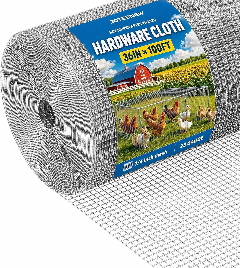 Jotesnew Galvanized Hardware Cloth 36in x 100ft, 1/4 inch Silver Hot Dipped Galvanized Welded Cage Wire Mesh, 23Gauge Wire Mesh Roll for Gardens, Chicken Coops & Poultry Netting Cage Fence
