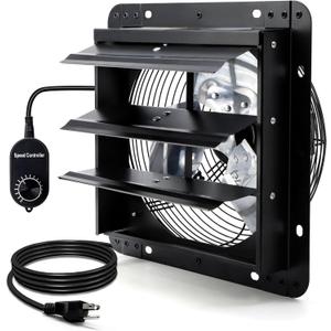 10 Inch Shutter Exhaust Fan for Greenhouse, Shed, Garage, Barn, Chicken Coop Ventilation, Wall Mount Attic Fan with Speed Controller and Power Cord, 820 CFM, Black