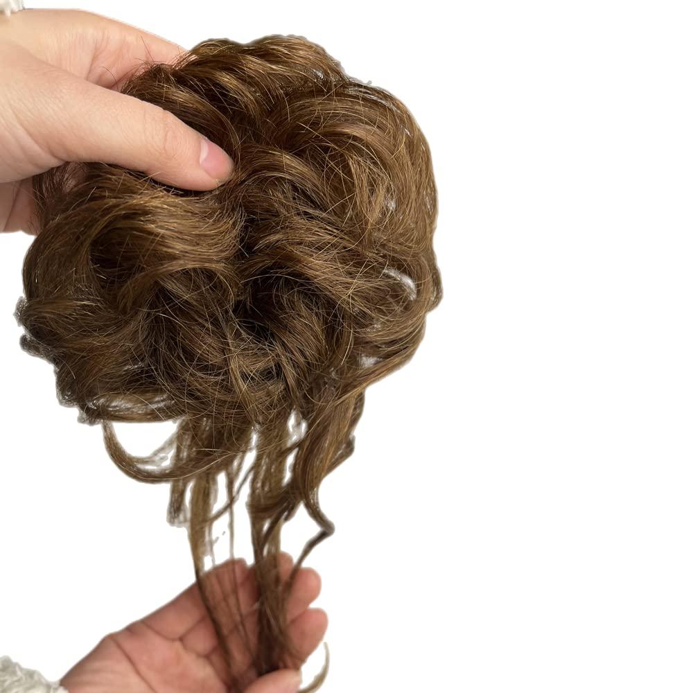 100% Human Hair Messy Bun Extension Tail, Messy Hair Bun Hair Scrunchies Extension with Fringe Curly Wavy Chignon for Women Wedding Tousled Updo Hairpiece (Light Brown)