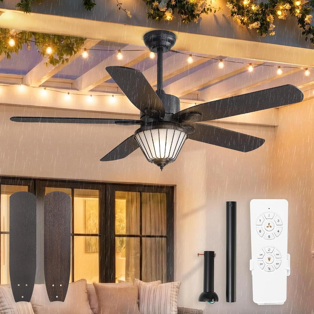 52 Inch Waterproof Outdoor Ceiling Fan with Lights, IP65 Waterproof, Remote Control, 6-Speed Quiet DC Motor, 5 Dual Finish Blades, Farmhouse Ceiling Fan for Patios Gazebos Pergola Porch (Black)