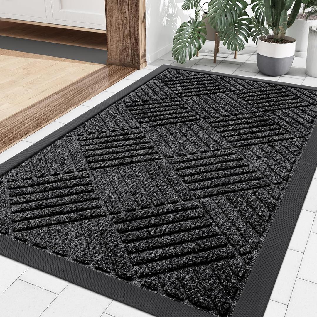 Smiry Front Door Mat Outside Entrance, Heavy Duty Outdoor Indoor Natural Rubber Doormat, Non Slip, Trap Dirt and Moisture, Easy Clean, Low Profile Patio Porch Entryway Mat, 29.5x17, Black