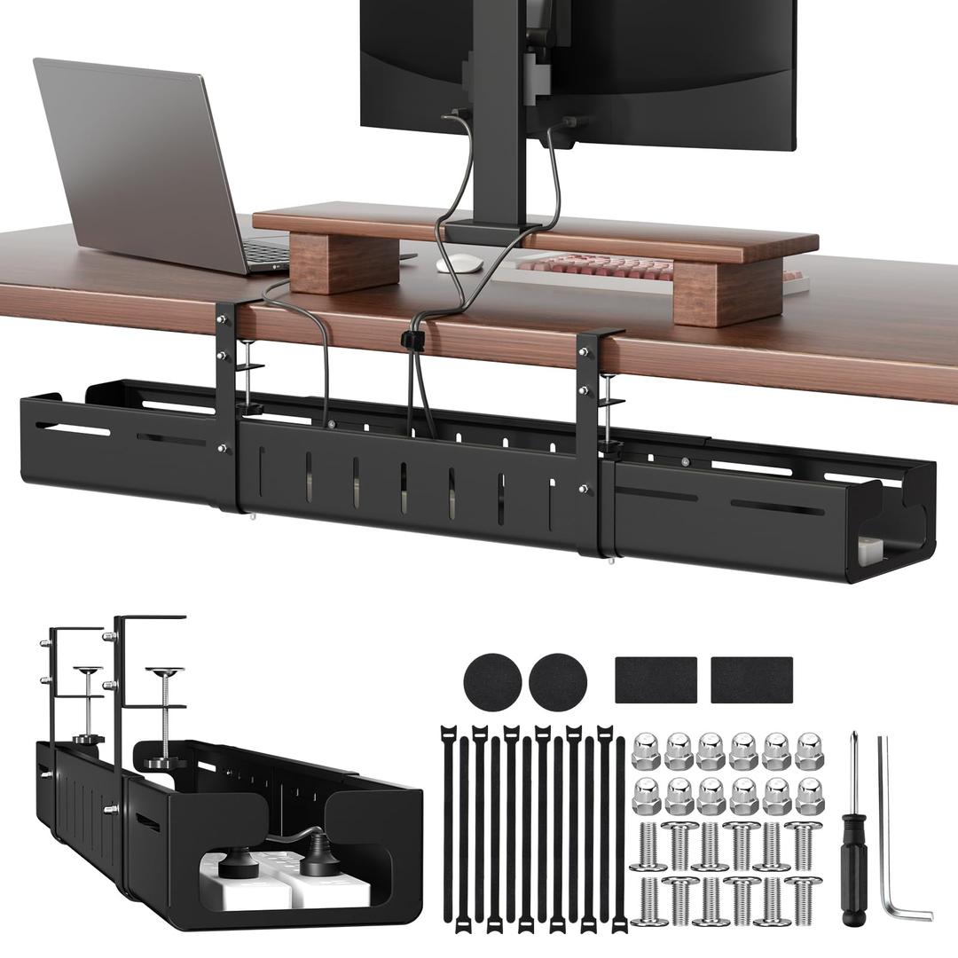 SUREUP9 Under Desk Cable Management Tray, Expandable 25.2"38.6", No Drill Clamp Mount, Cord Management Heavy Duty Carbon Steel Standing Cord Organizer for Home, Office, Gaming, Desk, Black