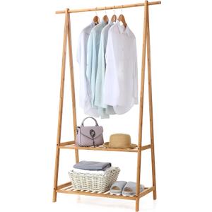 Finnhomy Bamboo Clothes Rack Portable Extra Large Garment Rack 2-Tire Storage Box Shelves For Entryway and Bed Room Patented Design