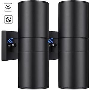 Modern Outdoor Wall Light with Dusk to Dawn Sensor, Exterior Light Fixture Wall Mount Waterproof Anti-Rust Cylinder, Up and Down 2 Lights Black Sconces for Porch Patio House Outside Entryway, 2-Pack