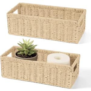 2 Pack Paper Rope Wicker Baskets with Handles, Storage Wicke Baskets for Shelves Organizing, Natural Color Toilet Basket Tank Topper, Small Woven Baskets for Storage, 14.17x6.1x4.72in