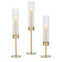 Gold Candle Holders Set of 3 Decorative Taper Candlestick Holders with Windproof Glass for Wedding Reception, Home Decor, and Holiday Centerpieces Elegant Heights of 14'', 16.5'', 18.8''