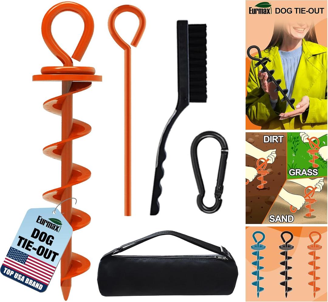 Eurmax USA Heavy Duty Dog Tie Out Stake for Large Dogs up to 210 lbs,Dog Stakes for Outside,Ground Anchor for Dog Leash,Runner Cable, and Pet Gadget Dog Accessories Trampoline Stakes 1-Pack (Orange)