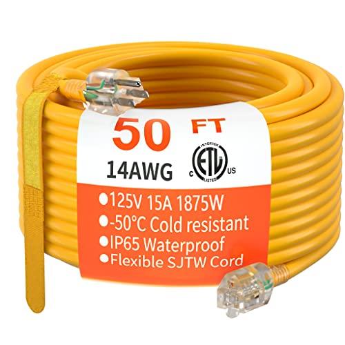 HUANCHAIN 50 ft 14/3 Gauge Heavy Duty Outdoor Extension Cord Waterproof with Lighted, Flexible Cold Weather 3 Prong Electric Cord Outside, 15A 1875W 125V 14AWG SJTW, Yellow, ETL Listed