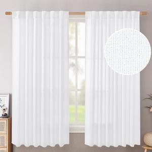BGment White Linen Curtains 63 Inch Length 2 Panels - Rod Pocket Semi Sheer Drapes Light Filtering Textured Window Treatments for Living Room Bedroom Office Back Tab, 52 X 63 Inch