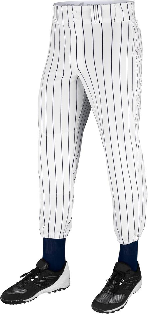 CHAMPRO Traditional Fit Triple Crown Classic Baseball Pants with Knit-in Pinstripes and Reinforced Sliding Areas (Small, White, Navy)
