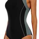 beautyin Women One Piece Swimsuit Athletic Lap Swimming Suit Pro Racerback, Size M, Black Grey