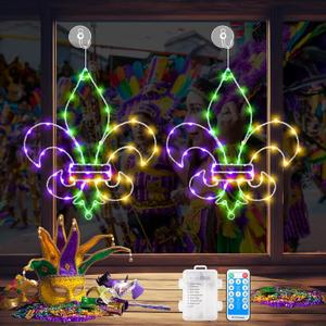 2 Pcs Mardi Gras Window Lights Mardi Gras Window Decorations Fleur De Lis Hanging Light up with Suction Cup Remote Control Battery Operated Indoor Outdoor Light for Home Decor