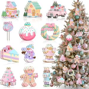 Kathfly 24 Pcs Pastel Christmas Tree Ornaments Candy Christmas Hanging Decor Wooden Gingerbread Man Lollipop Ice Cream Cake Ornament for Xmas Tree Garland Home Holiday Indoor Decor