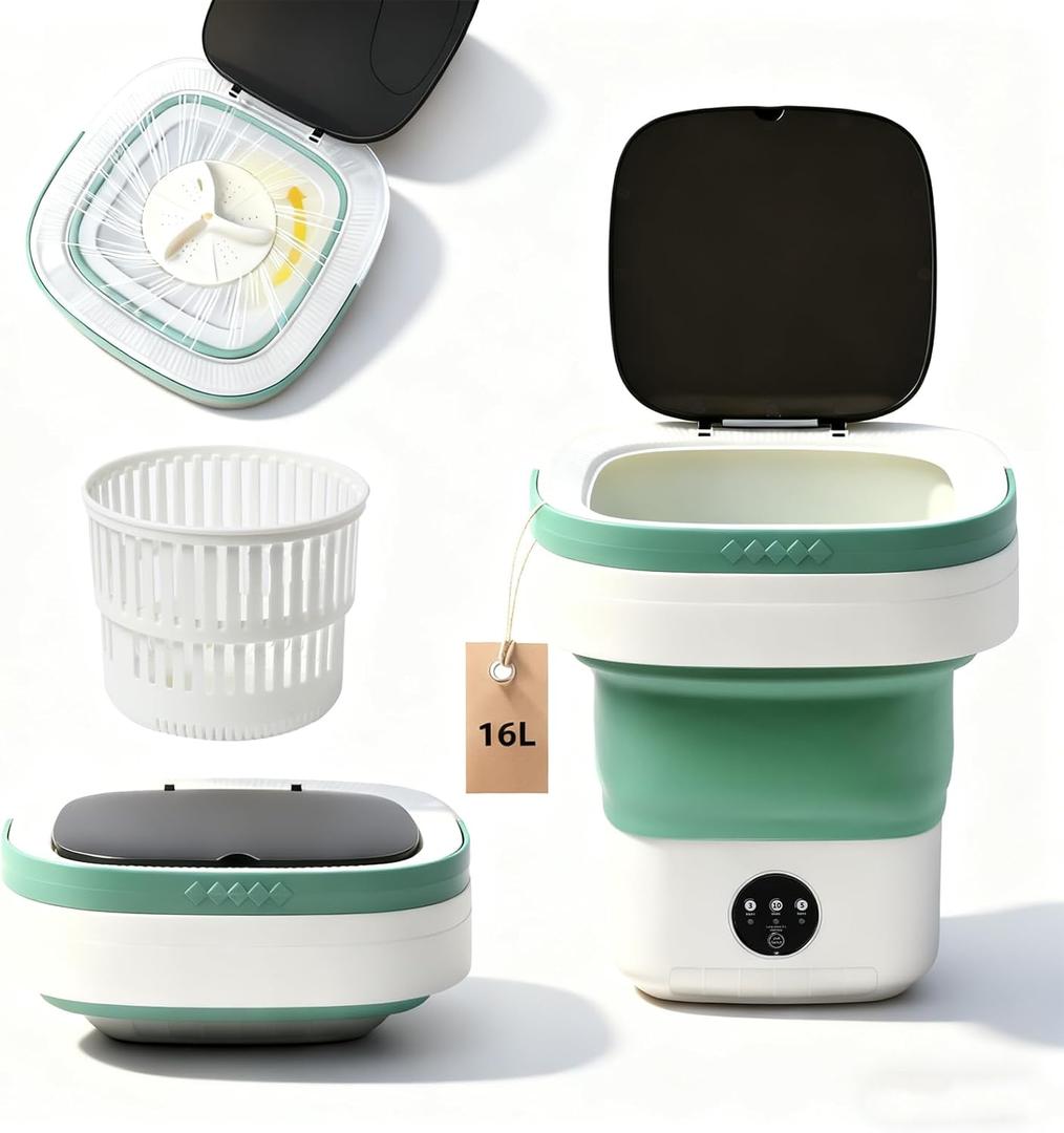 Mini Portable Foldable Washer - 16L Portable Washing Machine, Spin dryer, Small Folding Washing Machine 3 Cleaning Modes for Baby Clothes/Intimate Apparel, for Travel, Home (Green)