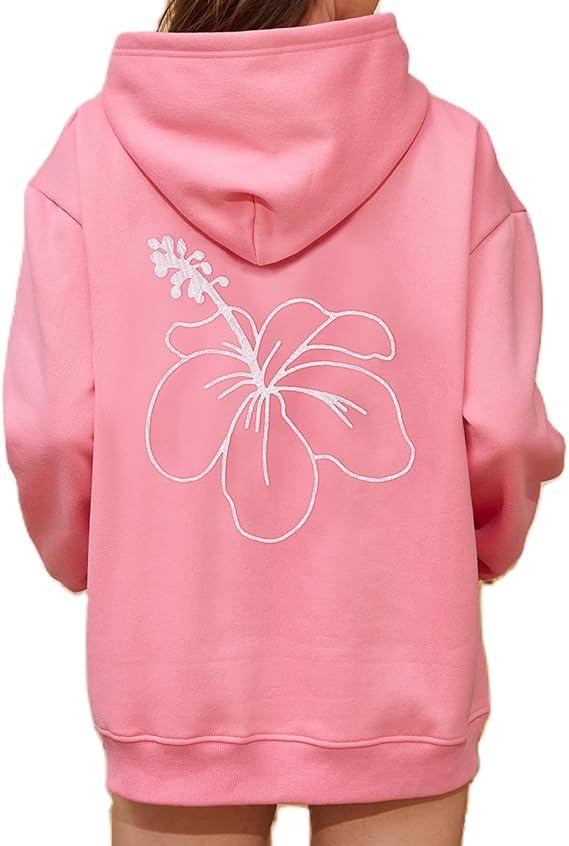 Y2K Hoodie Women Teen Girls Hibiscus Embroidered Pullover Hooded Top Cute Floral Preppy Hoodies Sweater Sweatshirts  Size S, Color E Rose