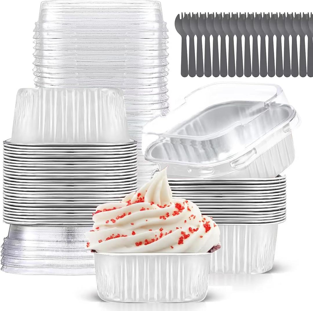 Mini Cake Pans With Lids (10oz,40 Pack) Aluminum Foil Square Cupcake Liners Brownie Baking Cups,Disposable 4x4 Large Cupcake Pan,Jumbo Muffin Tin Ramekins Holders