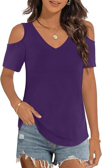Elesomo Womens V Neck Cold Shoulder Tops Short/Long Sleeve Summer T Shirts Basic Tees,  XL, Purple Elesomo Womens V Neck Cold Shoulder Tops Short/Long Sleeve Summer T Shirts Basic Tees,  XL, Purple