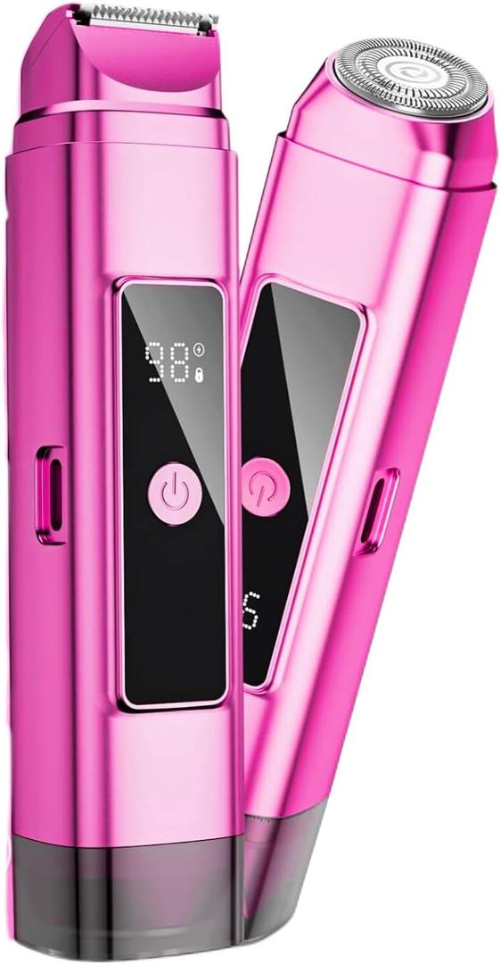 Electric Bikini Trimmer for Women: IPX7 Waterproof Dual Head Cordless Electric Shaver for Women with LED Display & 0.5mm Ceramic Blades for Pubic Hair, Face, Legs - Tea Rose