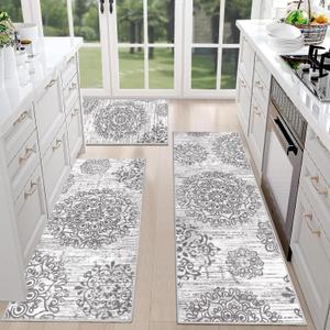 HEBE Farmhouse Kitchen Rugs Sets of 3 Non Slip Washable Boho Kitchen Rugs and Mats for Floor Kitchen Runner Rug Floor Carpet for Kitchen, Laundry, Hallways (20"x32"+20"x48"+20"x59", Floral Grey)