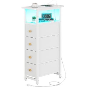Yoobure LED Narrow Nightstand with Charging Station - Slim Dresser for Bedroom Narrow Side Table Storage Cabinet, Small Dressers Chest of Drawers, Tall Night Stand End Table for Small Spaces, White