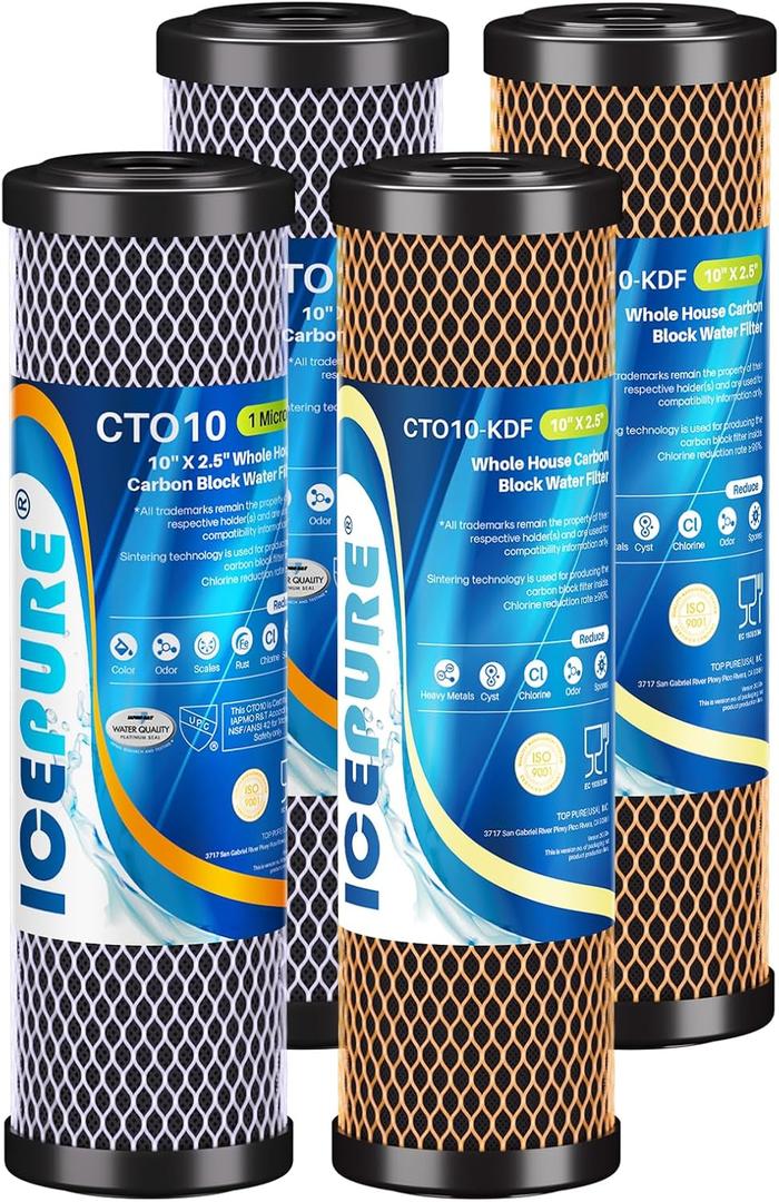 ICEPURE 2-Stage 2.5" x 10" Whole House Water Filter Cartridge Replacement Combo Kit, 1 Micron Activated Carbon Block Filter and KDF Compatible with WFPFC9001, SCWH-5, WHCF-WHWC, FXWTC, CBC-10, 2 PACK