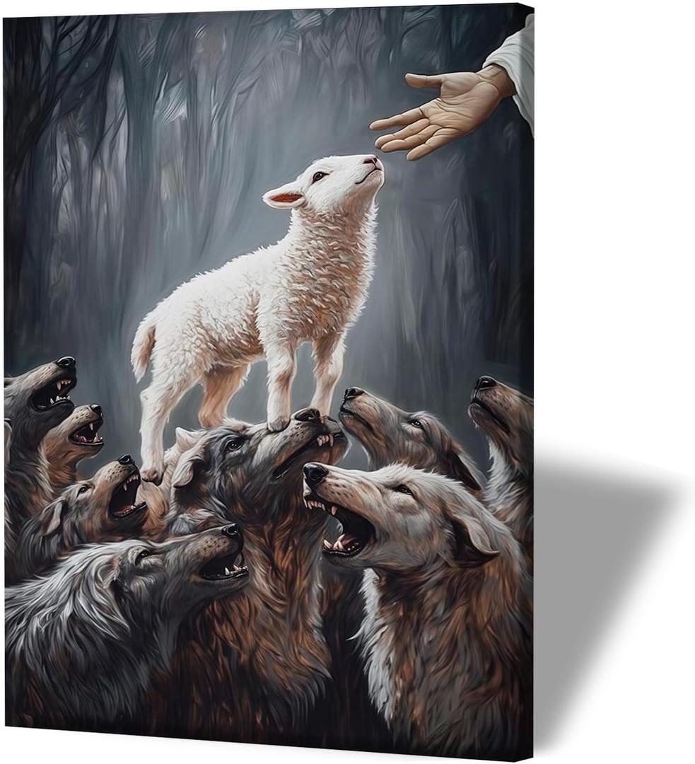 RJETZMU Jesus Saving Lamb Wall Art Christian Religious Gallery Wrap Poster Inspirational Bible Artwork Faith and Protection Picture Print for Home Church Living Room Prayer Room Decor 12x16 Inch (Save the Lamb)