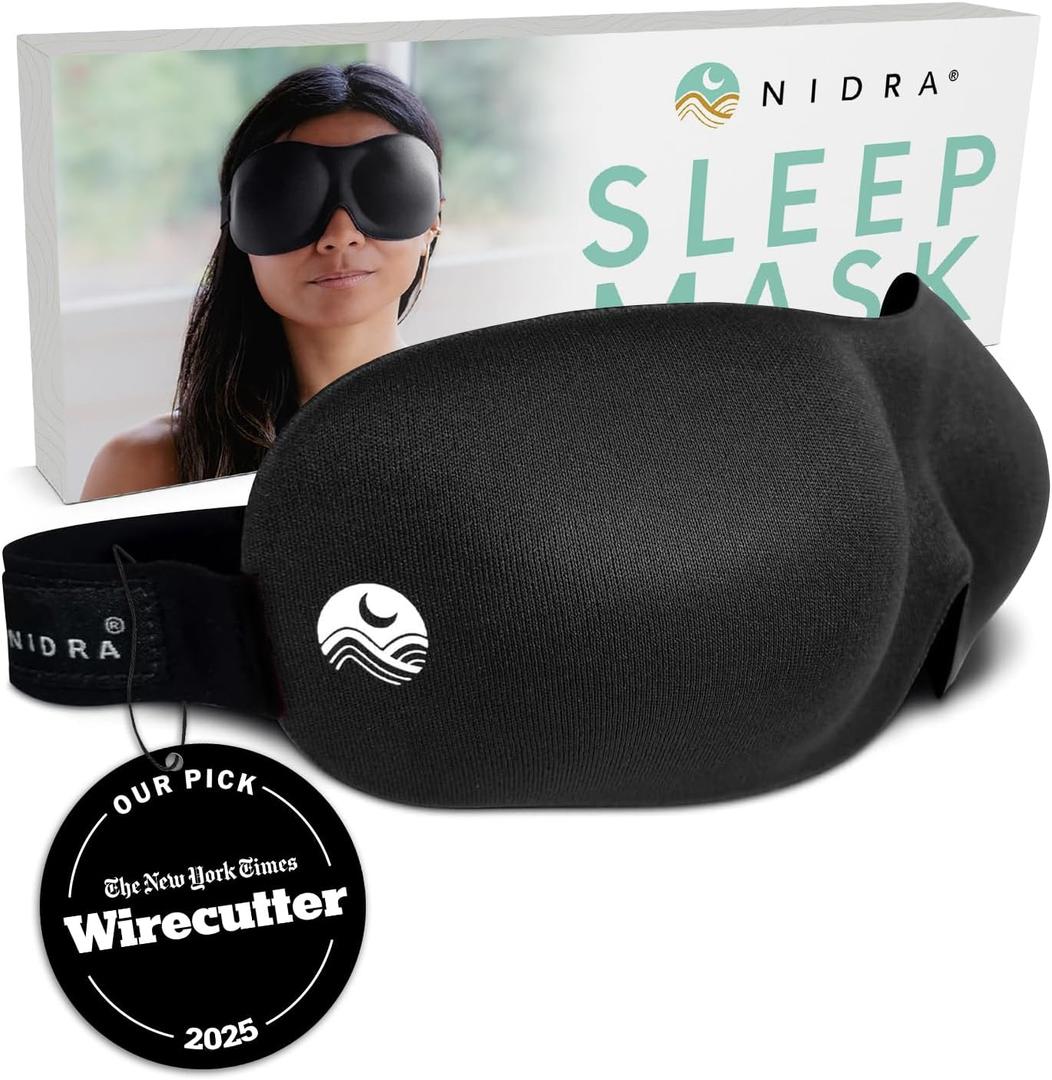 Nidra Contoured Sleep Mask for Side Sleepers Zero Pressure Fit, 100% Light Blocking Eye Shade for Sleeping & Travel Black, Standard Size, Black