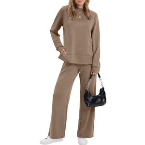XIEERDUO Women's Side Slit Lounge Sets 2 Piece Outfits Mock Neck Tracksuit Fashion Sweatsuit Wide Leg Loungewear S-3XL