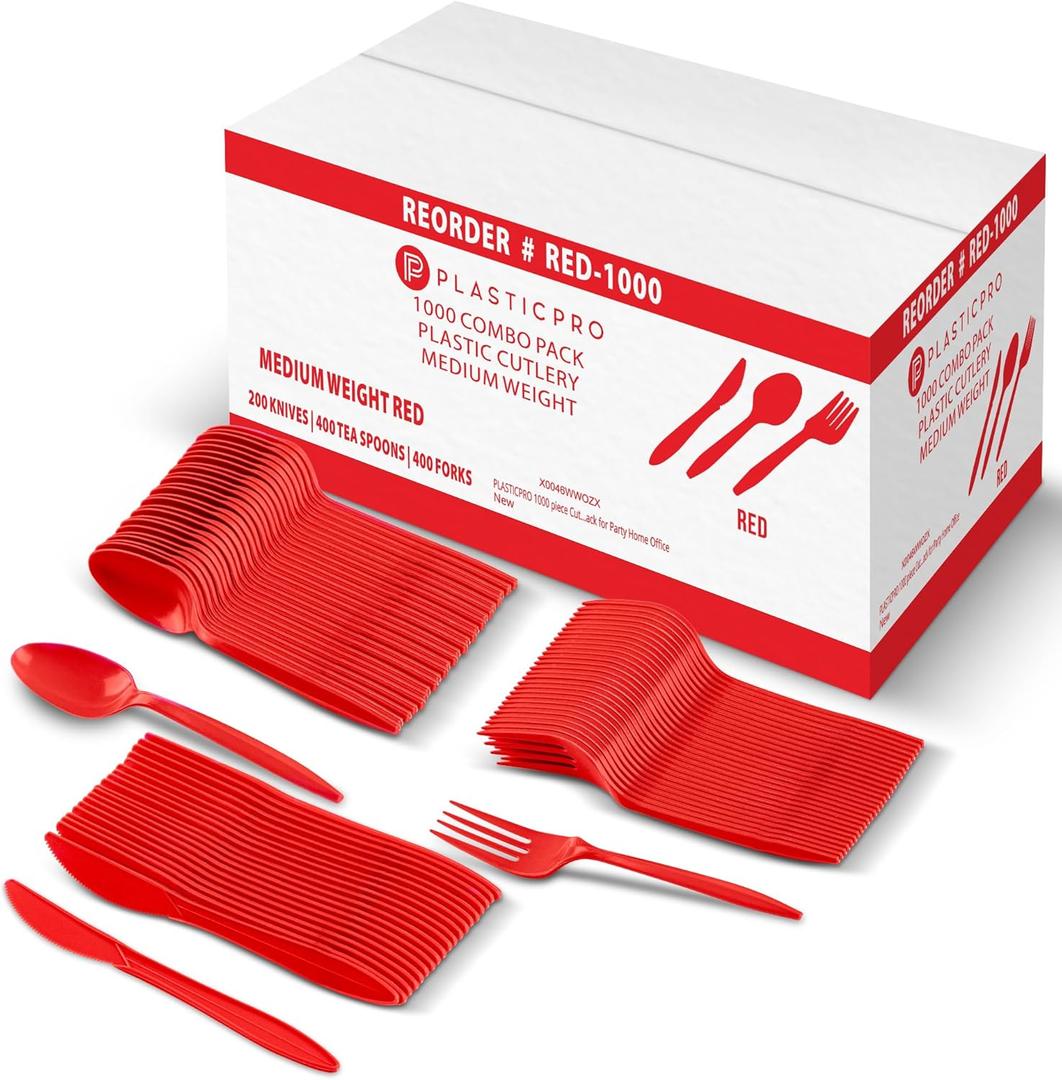 PLASTICPRO 1000 Piece Cutlery Combo Set Of Red Plastic Forks, Spoons, and Knives Disposable Colored Cutlery Bulk Pack Variety Pack for Party Home Office