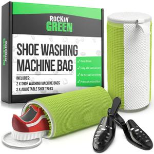 Rockin'Green Shoe Washing Machine Bag - 360 Deep Clean Shoe Washing Bag - Shoe Bag for Washing Machine with Cleaning Fibers - Reusable Sneaker Washing Machine Bag with Zipper (2 Pieces) (1 Pack)