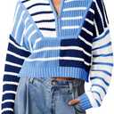 Saodimallsu Womens Striped Cropped Sweater Color Block Zip Up Long Sleeve Mock Neck Loose Pullover Jumpers
