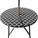 Hipinger Vinyl Round Fitted Tablecloth with Zipper and Umbrella Hole, Outdoor Oil Waterproof Stain Resistant PVC Table Cover 40-44 Inch, Black Moroccan, Fitted 50" Round