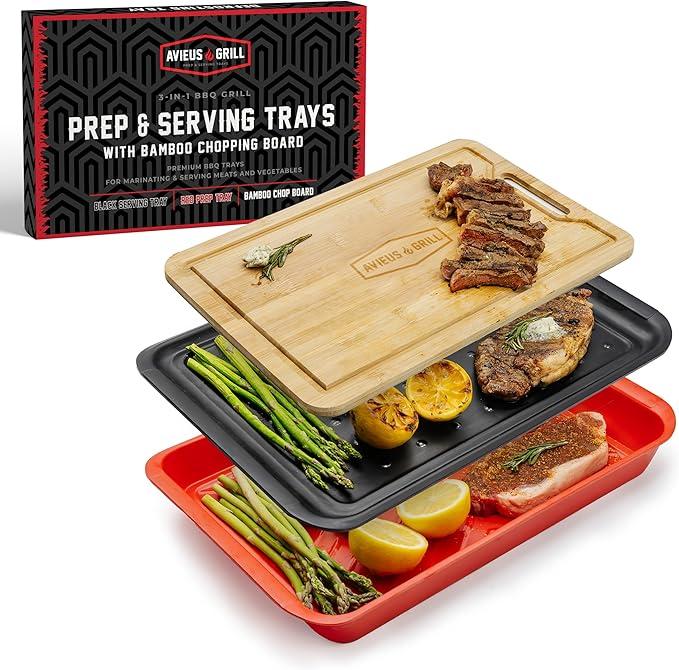 AVIEUS Grill Prep and Serving Trays | Set of 3 Stackable, Melamine Trays with Bamboo Cutting Board | Trays for Marinating, Serving & Chopping | Serving Platter for Plating Food & BBQ Prep Tub |