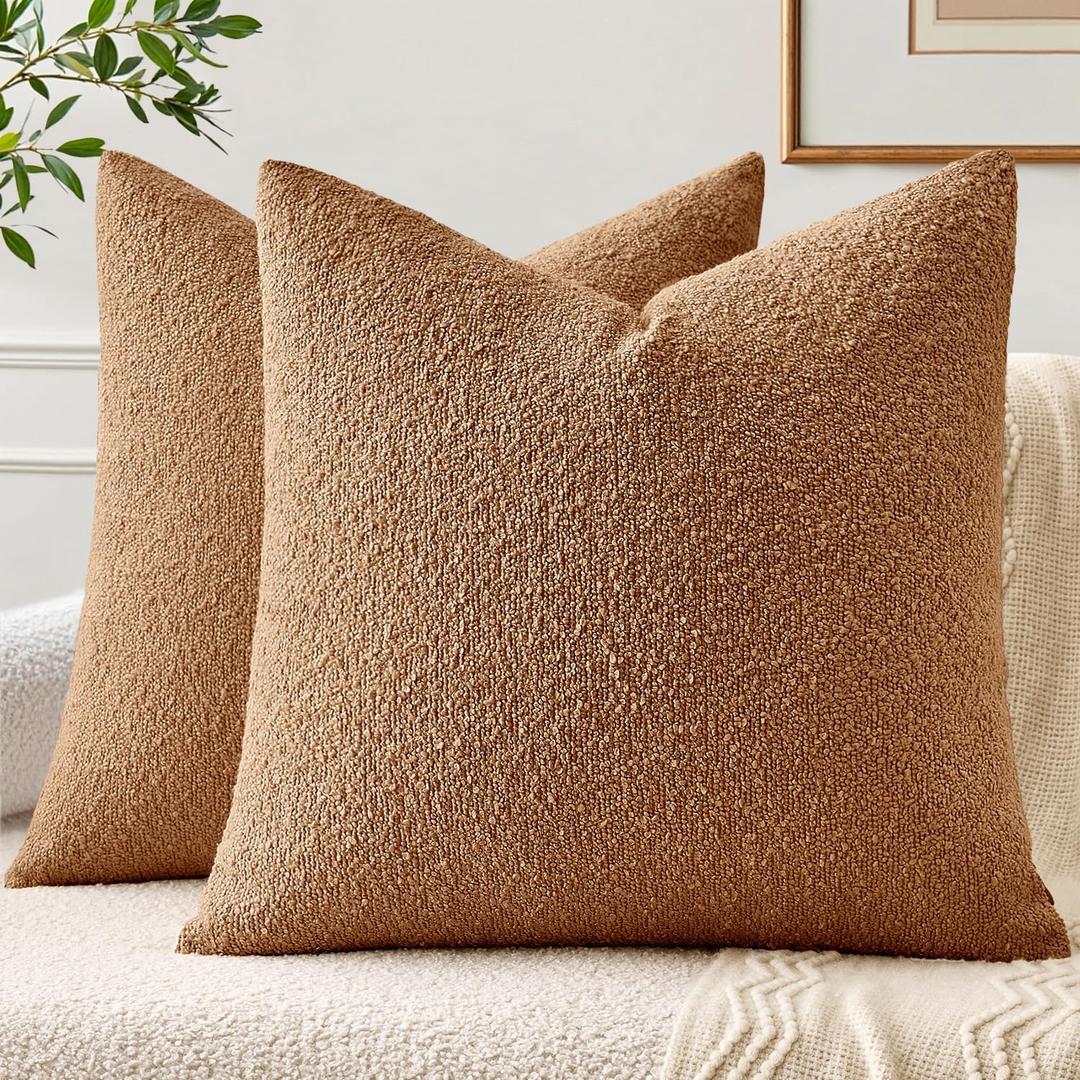 EMEMA Pack of 2, 20 x 20 Inch, Textured Boucle Throw Pillow Covers Cozy Soft Accent Solid Cushion Cases Decorative Brown Pillowcases for Couch Sofa Chair Bedroom Living Room Home Decor