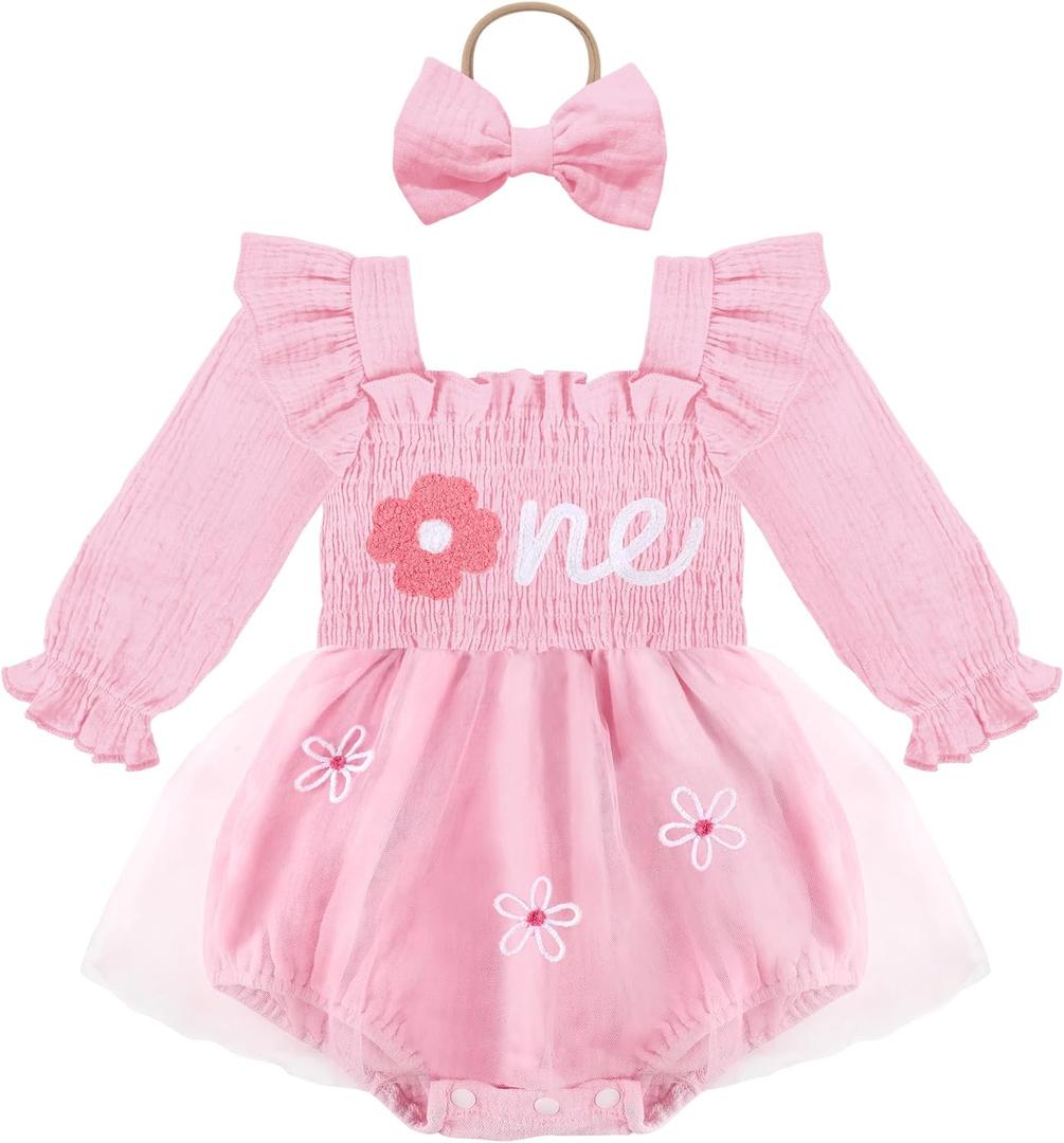 HONGTEYA Baby Girl 1st Birthday Outfit First Romper Tulle Dress Gifts (Pink)