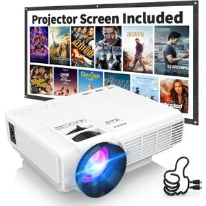 Mini 1080P Projector with Screen, Portable Home Theater Movie Projector with Two-Way Bluetooth, HDMI/USB Input for Smartphone/TV Stick, Ideal for Indoor & Outdoor Use